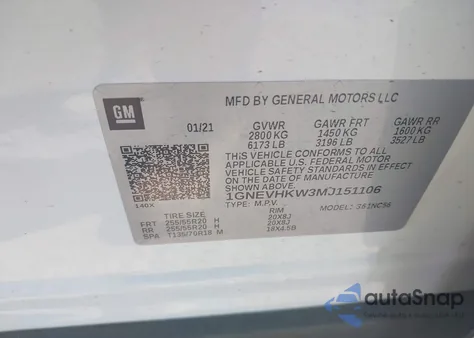 2021 Chevrolet Traverse Awd Lt Leather z USA, uszkodzony, nr VIN 1GNEVHKW3MJ151106